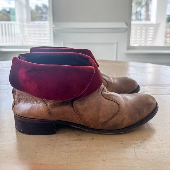 Anthropologie Schuler & Sons Fold Over Leather Ankle Boot Brown Burgundy Suede 9 - Picture 1 of 5